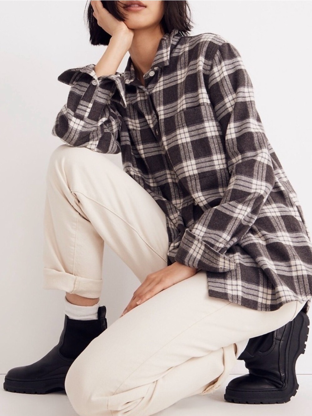 Madewell Black & White Pinella Plaid Flannel Button-Down Size L